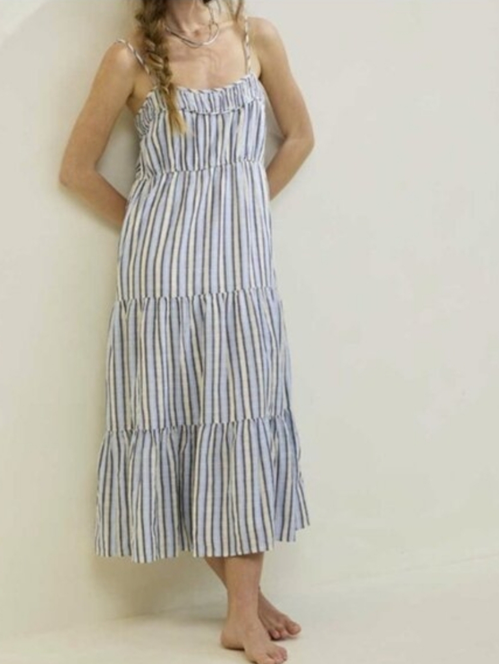 Aerie Striped Blue White Tiered Sundress - Sleeveless Midi Size Lg Cotton Resort